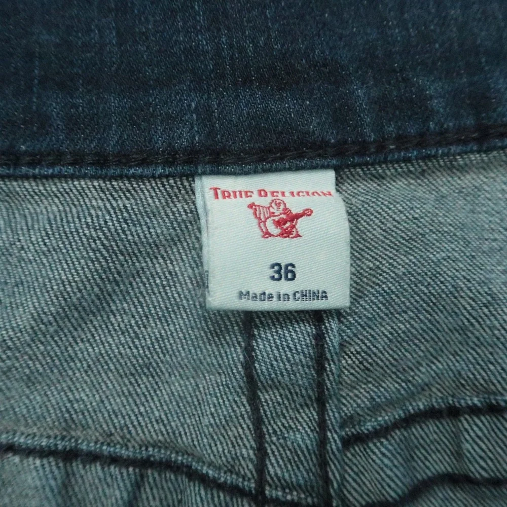 True Religion Shorts Mens 36 Blue Ricky Relaxed Straight Flaps Cut Off Dark Wash